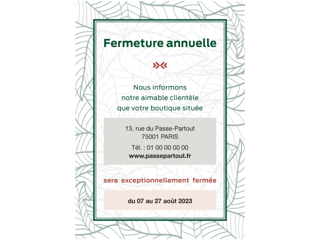 Affiche informative sur les dates de fermeture de boutique