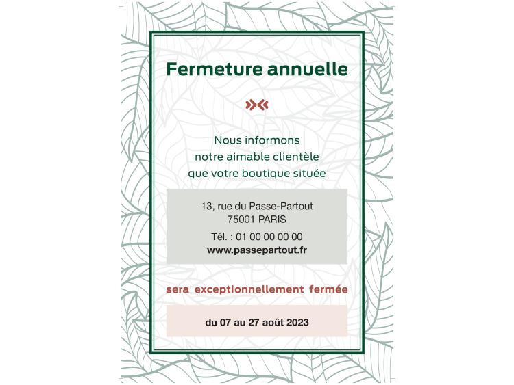 Affiche informative sur les dates de fermeture de boutique