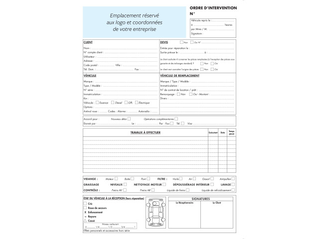 Ordre de réparation standard pour garage